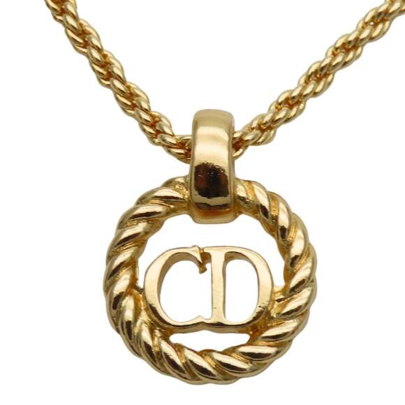Christian Dior CD Logo Twist Metal Necklace Gold Plated GP Women's